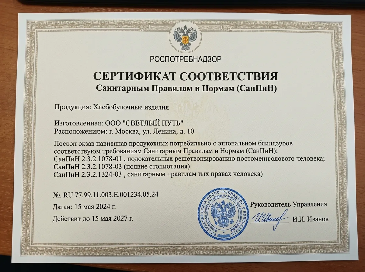 Сертификат соответствия санитарным нормам СанПиН — официальный документ Роспотребнадзора, печать и подпись