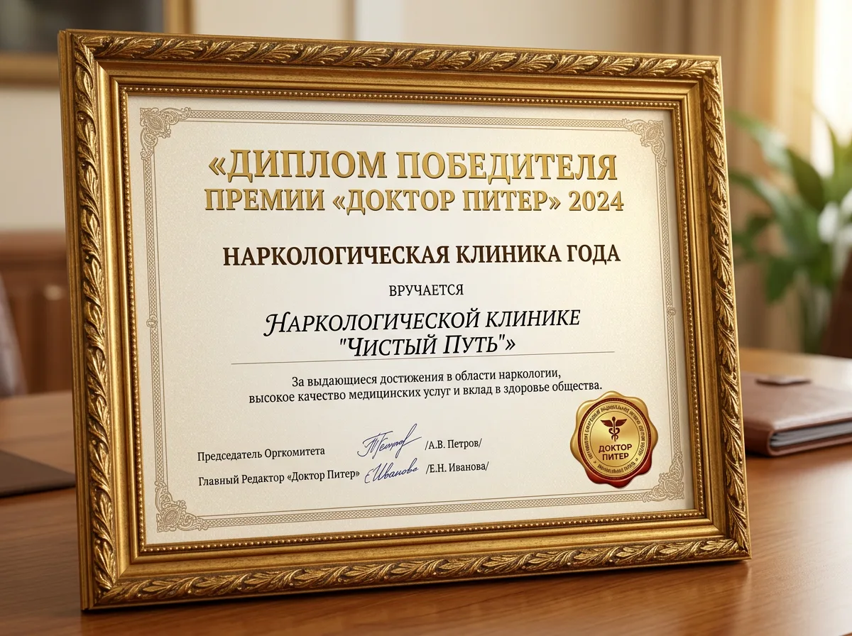Диплом победителя премии Доктор Питер 2024 — наркологическая клиника года, золотая рамка, официальная печать оргкомитета